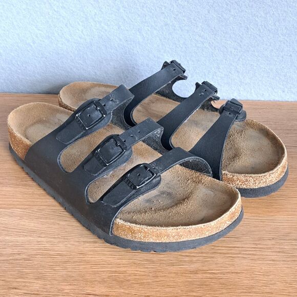Birkenstock Women’s 39 8 Black Florida Triple Strap Leather Sandals Slides Boho - Picture 1 of 12